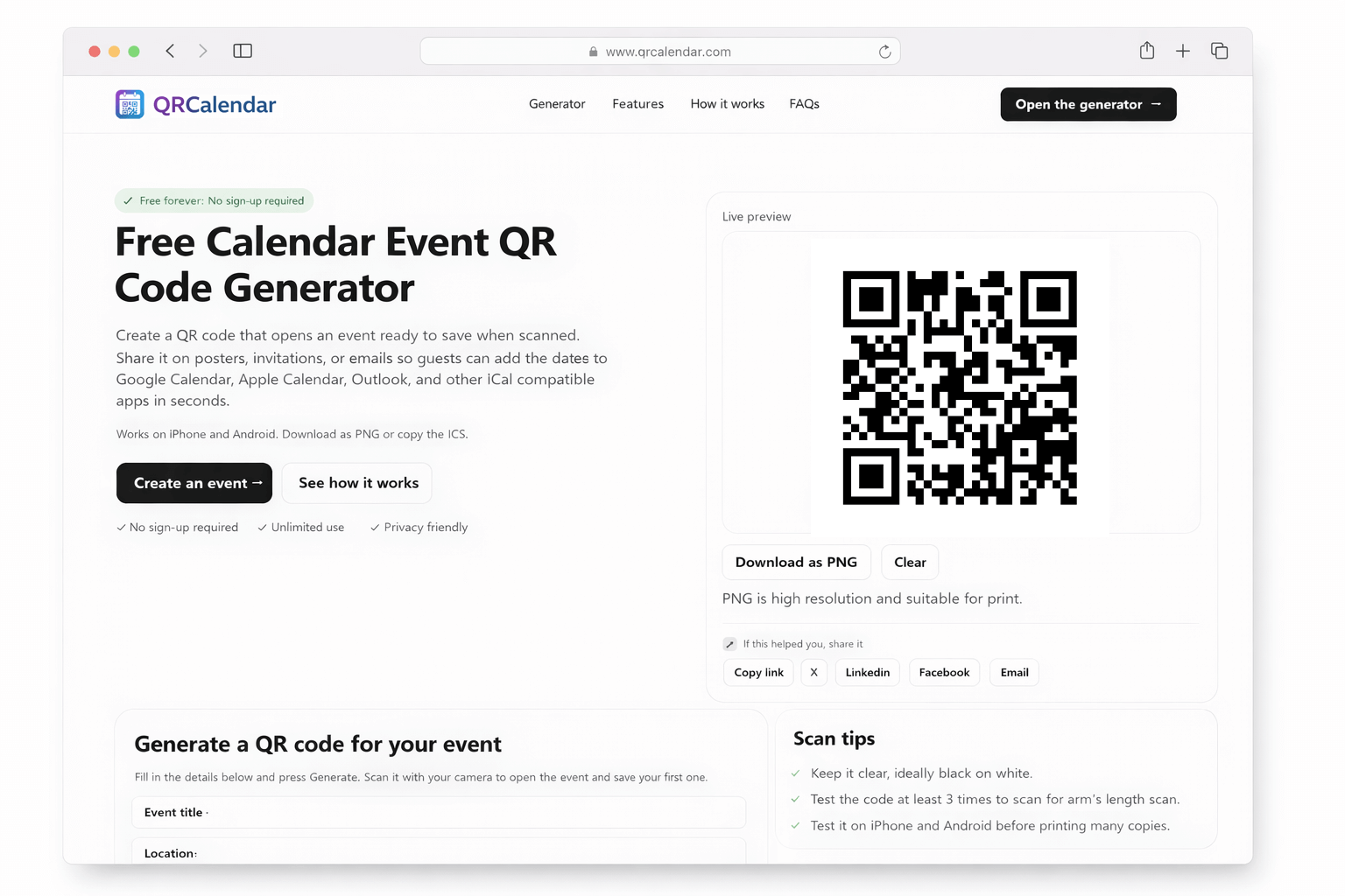 QRCalendar web browser