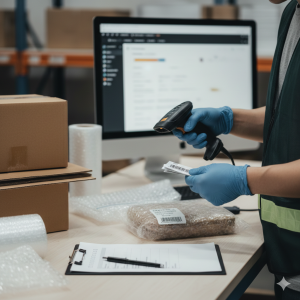 FNSKU labeling and multi-point quality inspection process at usiship’s fulfillment facility.