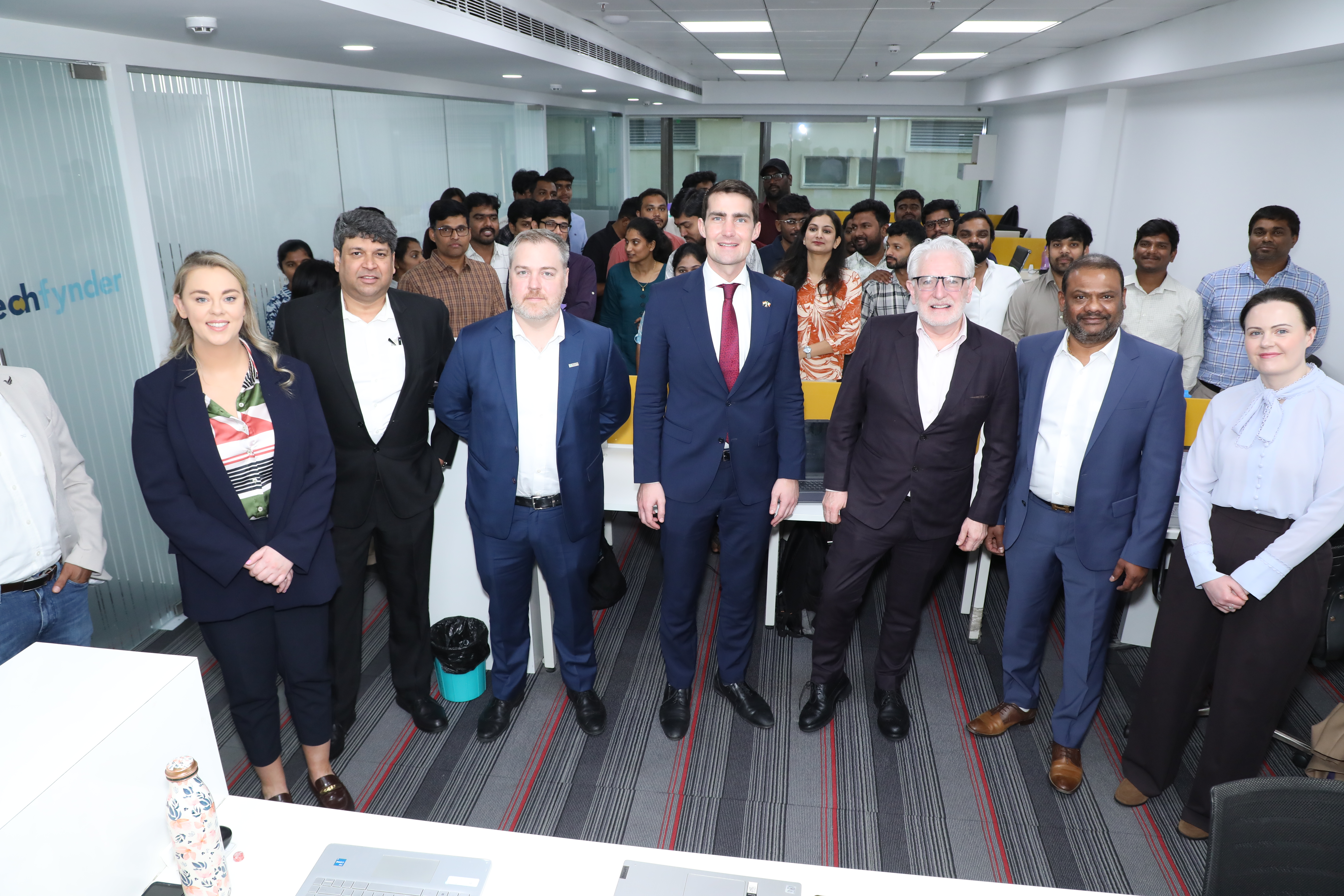 Praveen Madire minister Jack Chambers and Ambassador Kevin Kelly in Test Triangle head office Hydera