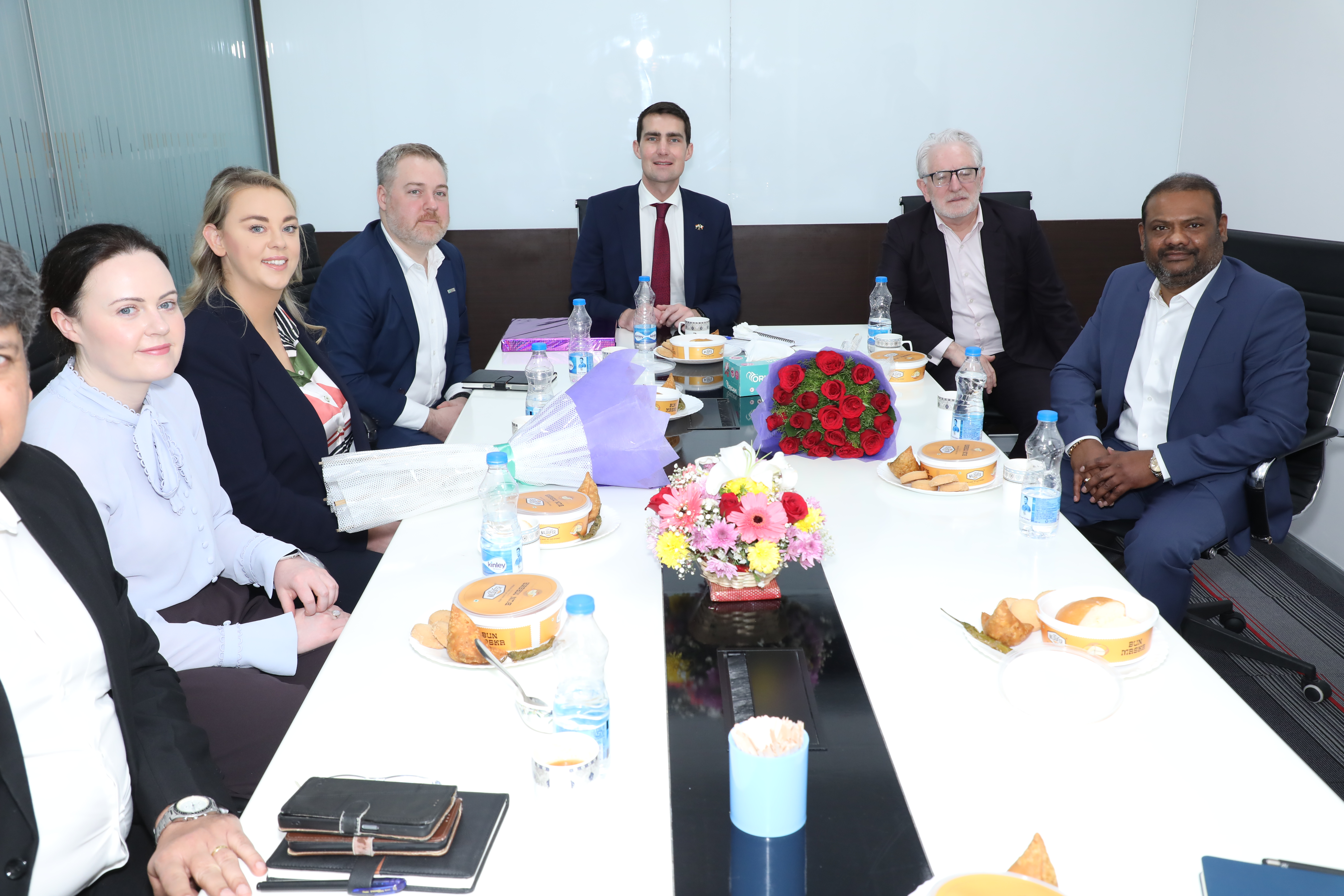 Praveen Madire minister Jack Chambers and Ambassador Kevin Kelly in Test Triangle head office Hydera