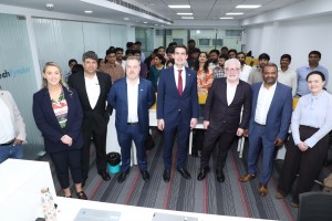 Praveen Madire minister Jack Chambers and Ambassador Kevin Kelly in Test Triangle head office Hydera