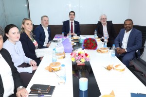 Praveen Madire minister Jack Chambers and Ambassador Kevin Kelly in Test Triangle head office Hydera