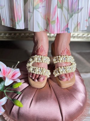 Pearl Crystal C Shape Nude Wedges