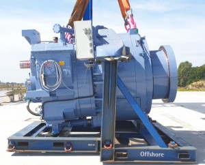 Winergy Gearbox PZFB 3680,2 with steel transport frame, for Senvion Windturbine offshore