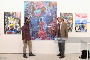 Edwin Baker III with Joe Namath  the Art Miami CONTEXT 2017 at Art Miami Pavilion on December 5, 2017 in Miami, Florida.