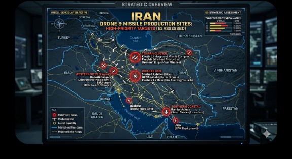 A strategic map of the primary drone and missile production sites in Iran identified as highpriorit