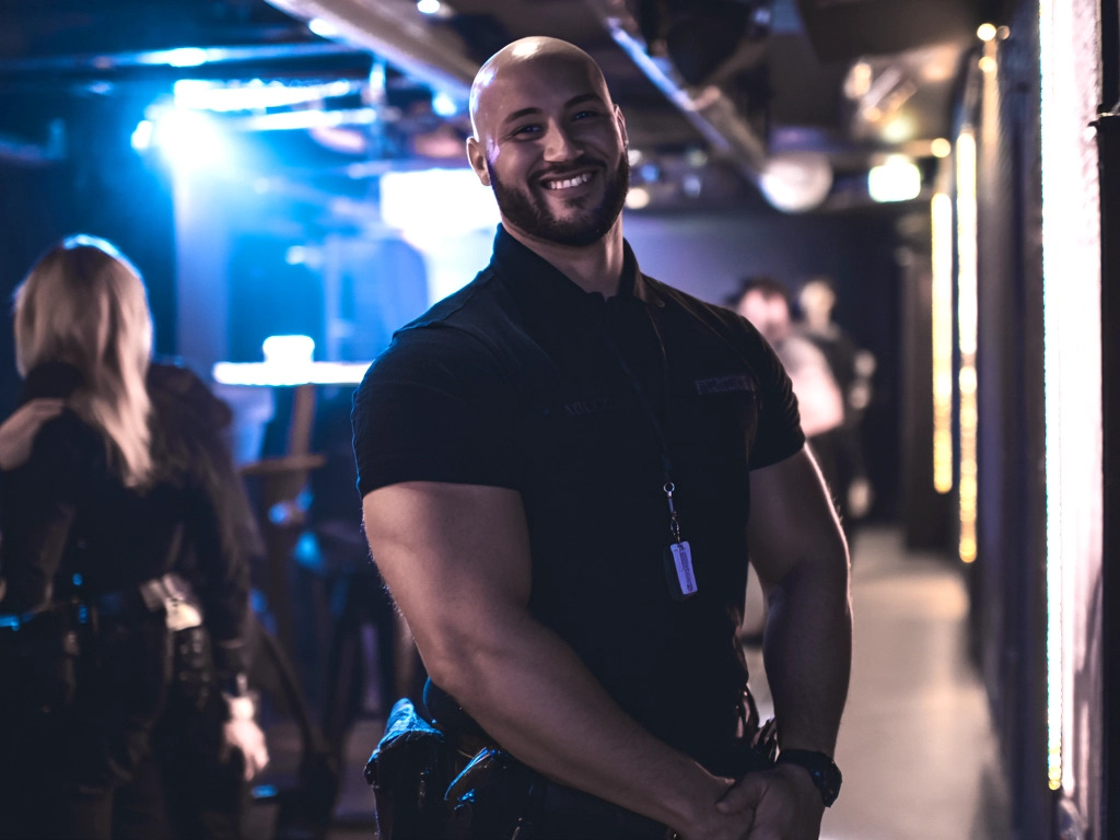 full body camera shot Bouncer security guard