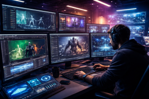 VFX artist at work in futuristic studio