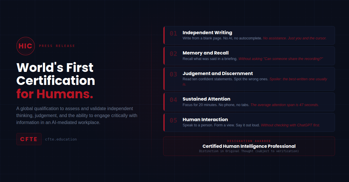 CFTE Launches Human Intelligence Certification to Address Growing Concerns Over Declining Thinking in the Workplace