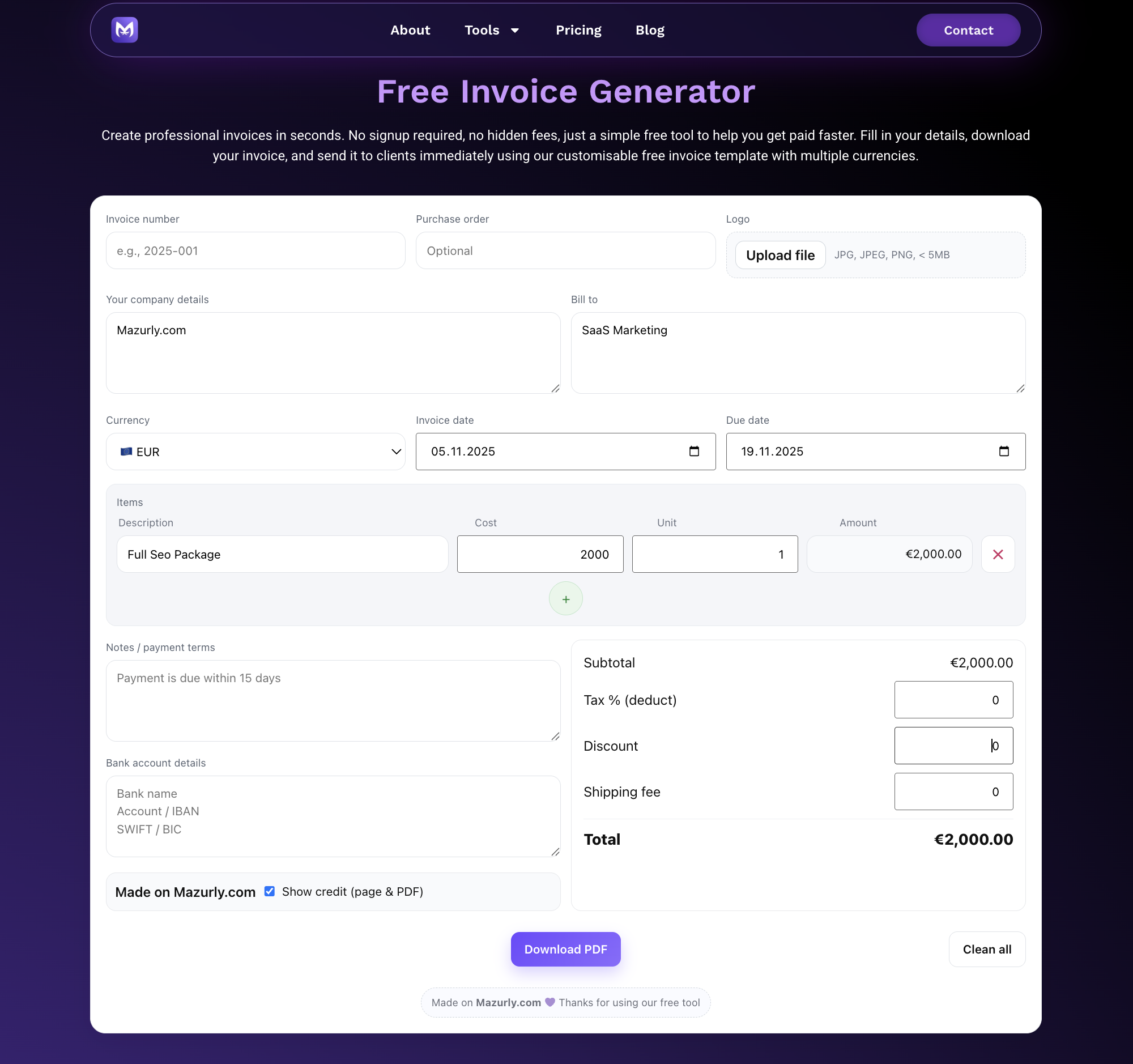 Free Invoice Generator by Mazurly