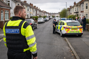 Street scene with security and police presence