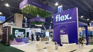 flex rental platform exhibit booth lounge area view
