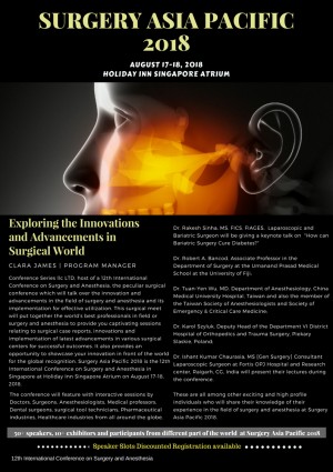 Connect with leading  Surgeons, Physicians, Doctors, Health Specialists from Asia pacific, Europe, USA (America),middle east at  Surgery-Anaesthesia 2018.