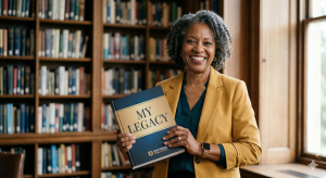 An author holding a book published by DADYMINDS