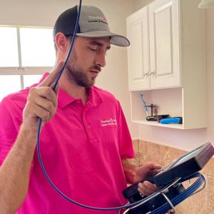 Certified technician inspecting indoor air quality.