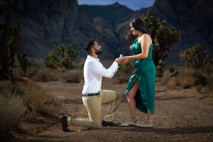 Romantic proposal moment captured in a scenic desert landscape