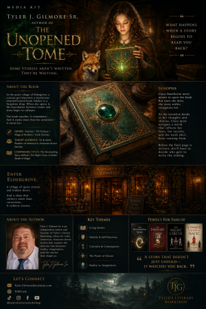 Media kit for The Unopened Tome, including story overview, themes, and author information