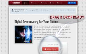 Browser-based dark aesthetic photo editor featuring a secure drag-and-drop interface.