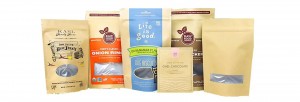 Custom printed kraft paper stand up pouches with clear windows for beef jerky dog biscuits and snack