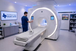 MRI technician preparing same-day scan in a modern Southeast Texas imaging room.