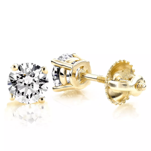 Solitaire 1 Carat Round Diamond Stud Earrings F G VS in 4 Prong 18K Yellow Gold
