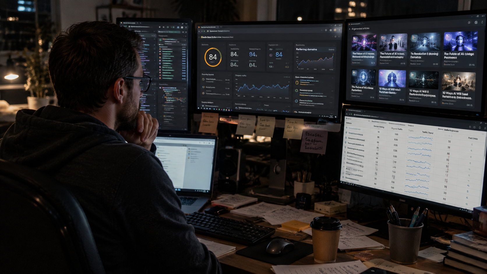 Best link building expert reviewing SEO analytics and AI trends on multiple monitors Best link building expert reviewing SEO analytics and AI trends on multiple monitors