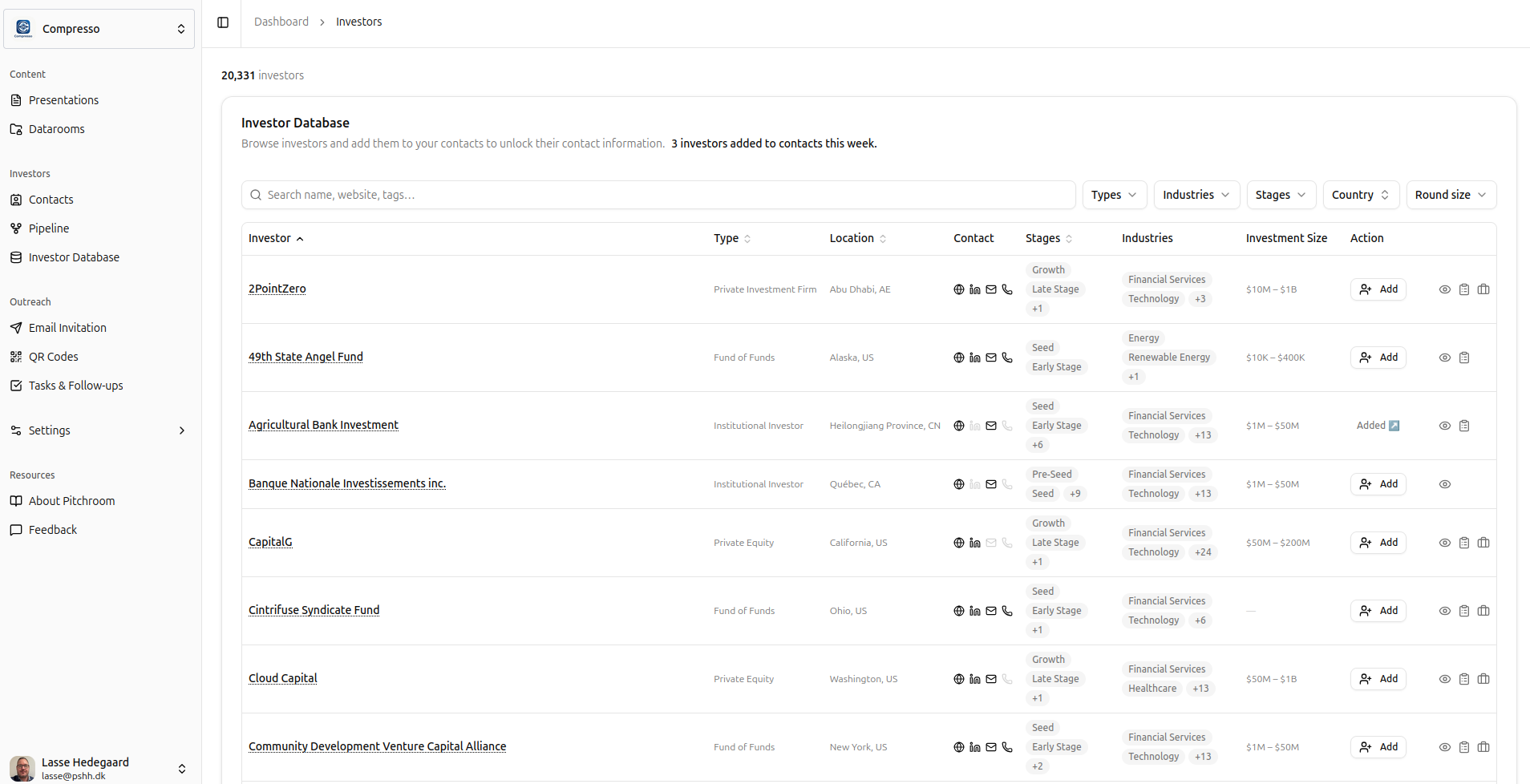 Pitchroom has an investor database built in