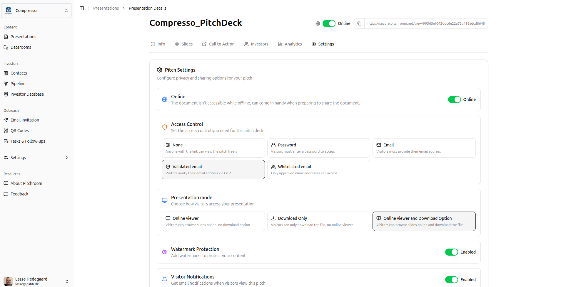 Pitchroom pitch decks settings
