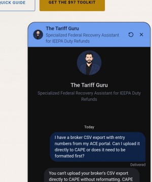 TariffGuru.com AI Recovery Agent answering a live CAPE filing question — free for any U.S. importer.