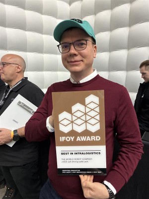 The IFOY Award Certificate given to the J1600 self-driving pallet jack from The Mobile Robot Company