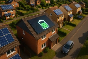 sustainable homes solar panels battery storage residential neighborhood
