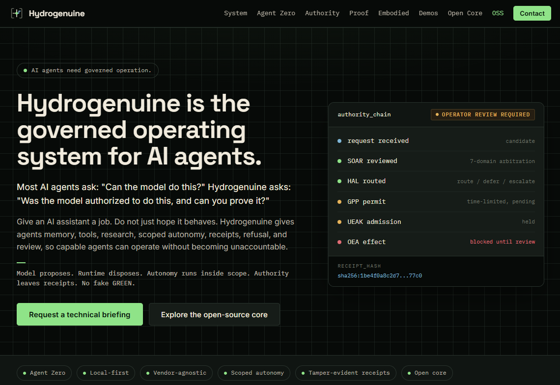 Hydrogenuine launches a public website and open-source core for governed AI agent operation
