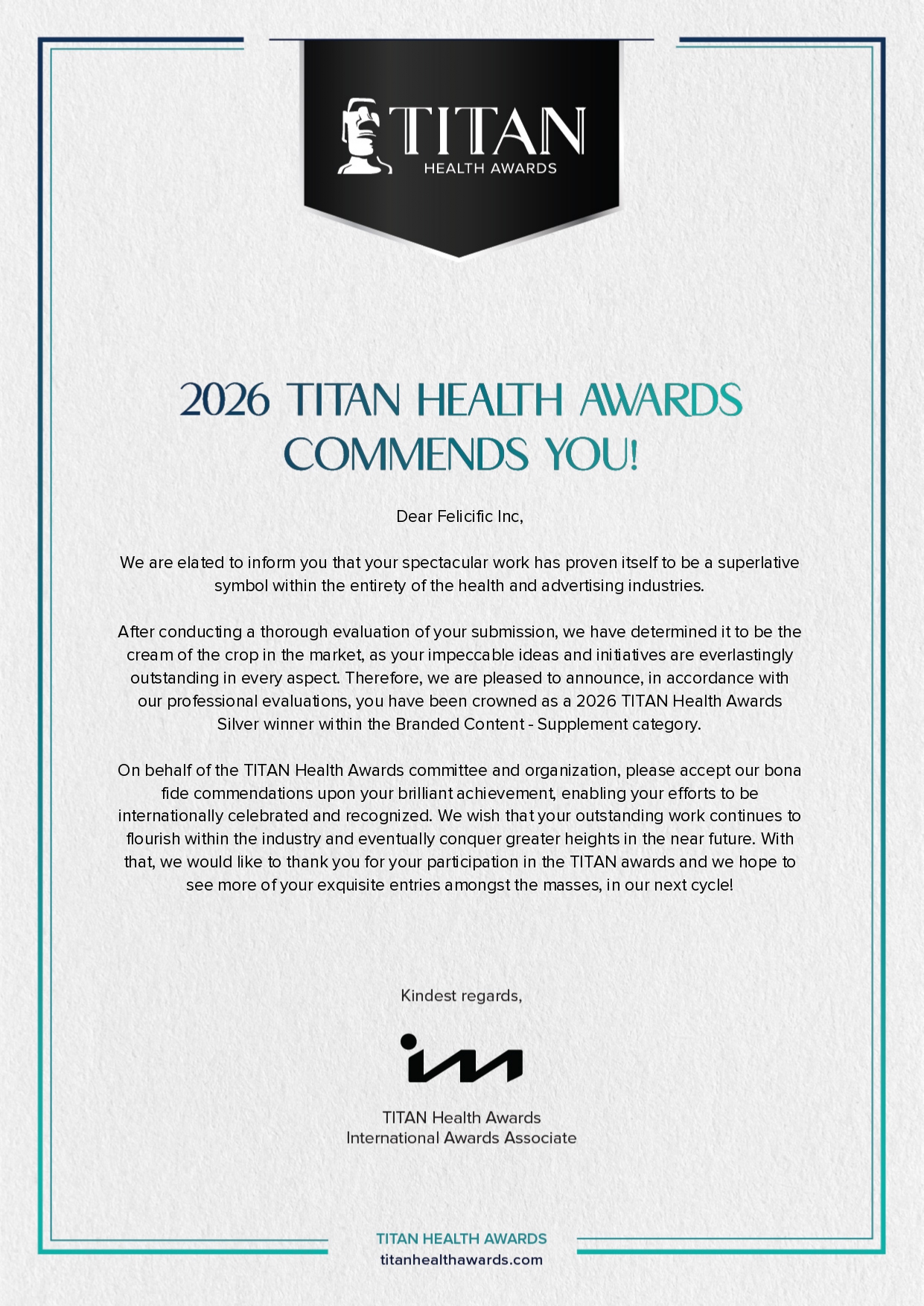 TITAN Health Awards Congratulatory Letter page 0001 TITAN Health Awards Congratulatory Letter page 0001