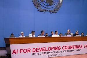 Panelists on the dais at the AI for Developing Countries Forum, Bangkok 2026
