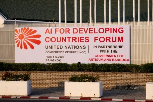 The AI for Developing Countries Forum banner at the UN Conference Centre, Bangkok