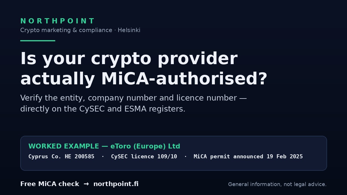 Verifying a crypto provider under MiCA eToro Europe Ltd CySEC licence 10910 Verifying a crypto provider under MiCA eToro Europe Ltd CySEC licence 10910