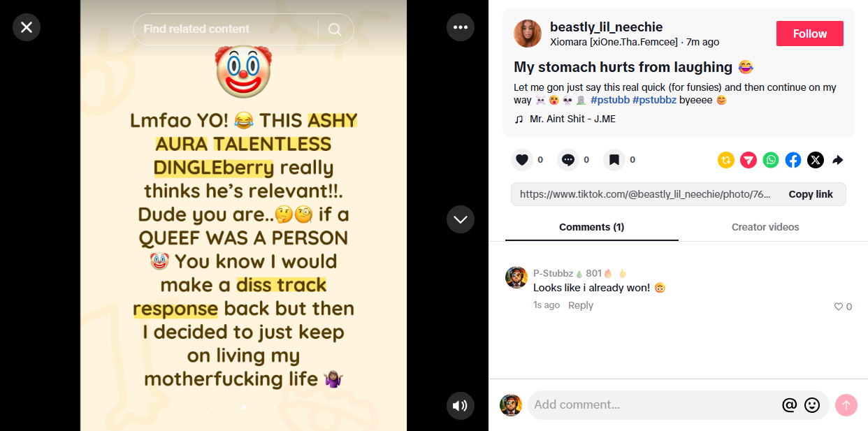 Xiomara drags PStubbz with clown emojis calling him talentless He claims victory 80 chars