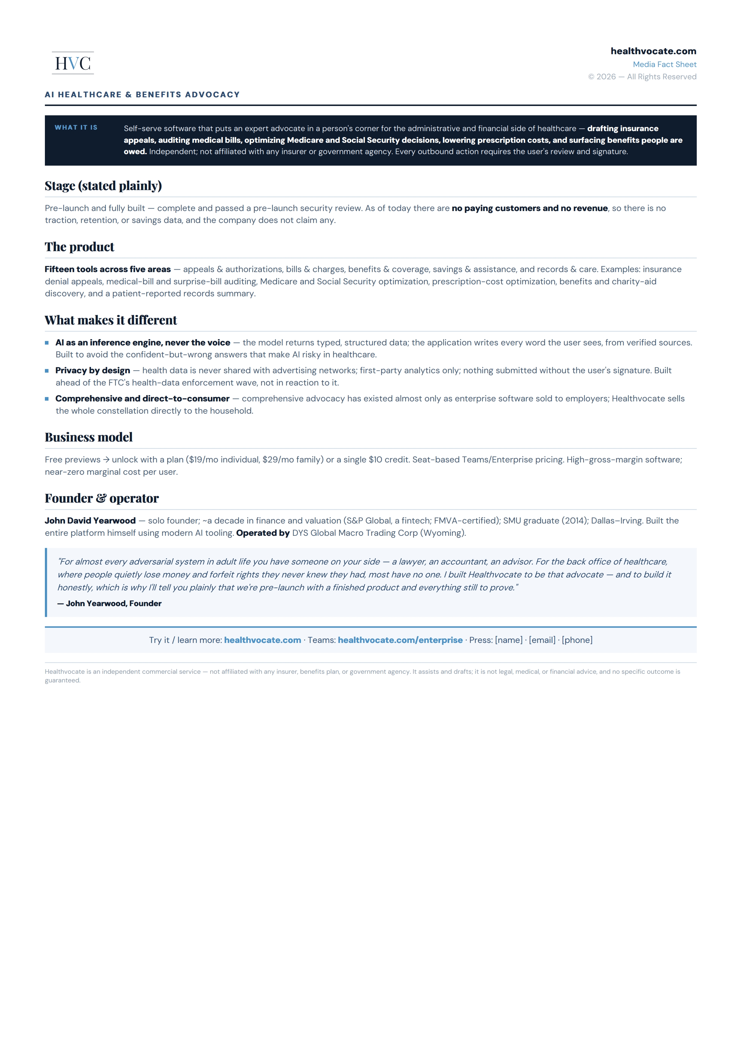 Healthvocate Media Fact Sheet 001
