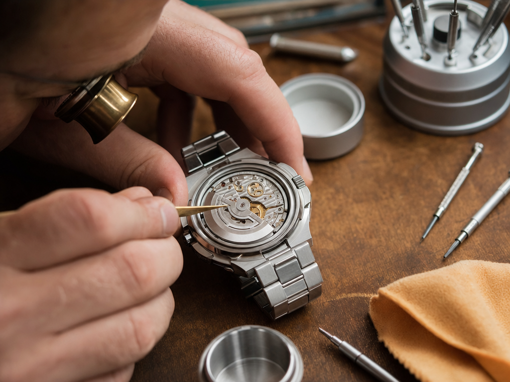 A watchmaker inspecting a cloned automatic movement A watchmaker inspecting a cloned automatic movement