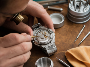 A watchmaker inspecting a cloned automatic movement.