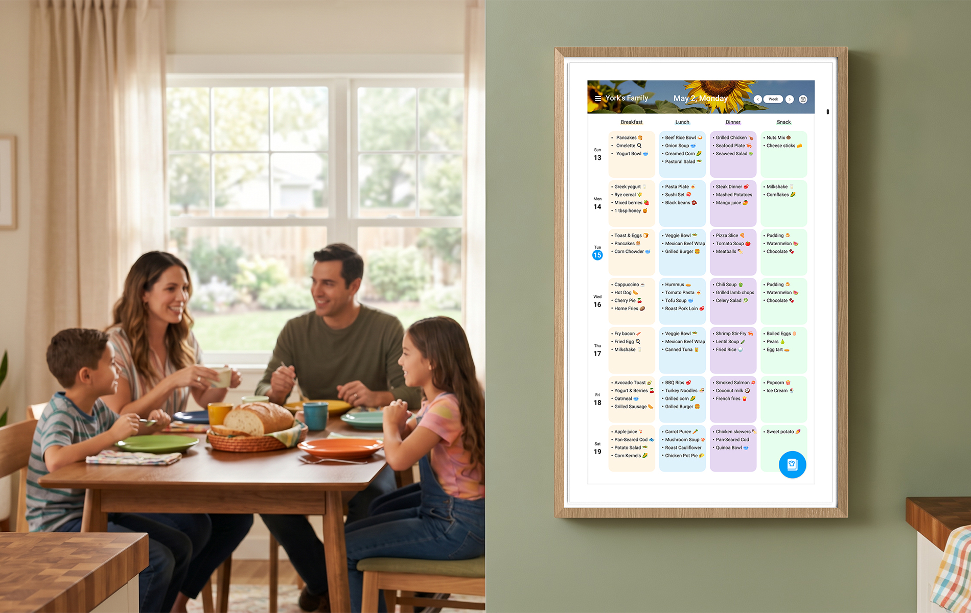 Apolosign digital calendar on kitchen wall showing weekly meal plans while family enjoys dinner Apolosign digital calendar on kitchen wall showing weekly meal plans while family enjoys dinner