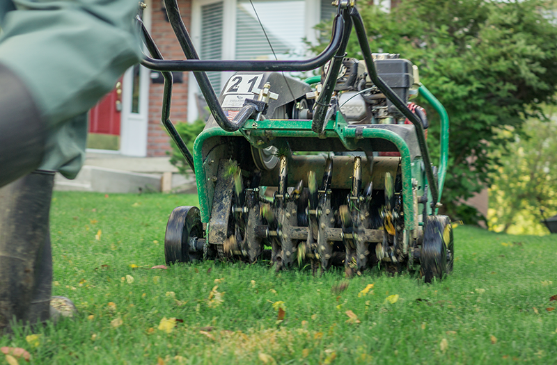 Evo Lawn  Landscape performing residential core aeration on a Lake County Illinois lawn