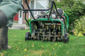 Evo Lawn & Landscape performing residential core aeration on a Lake County, Illinois lawn.