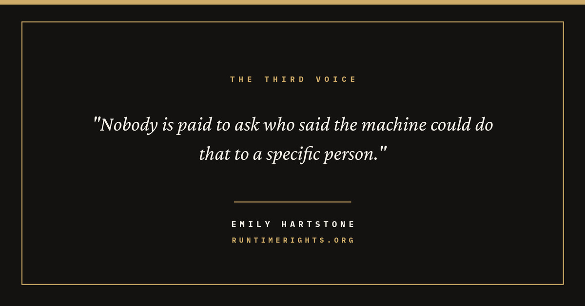 Nobody is paid to ask who said the machine could do that to a specific person Emily Hartstone Nobody is paid to ask who said the machine could do that to a specific person Emily Hartstone
