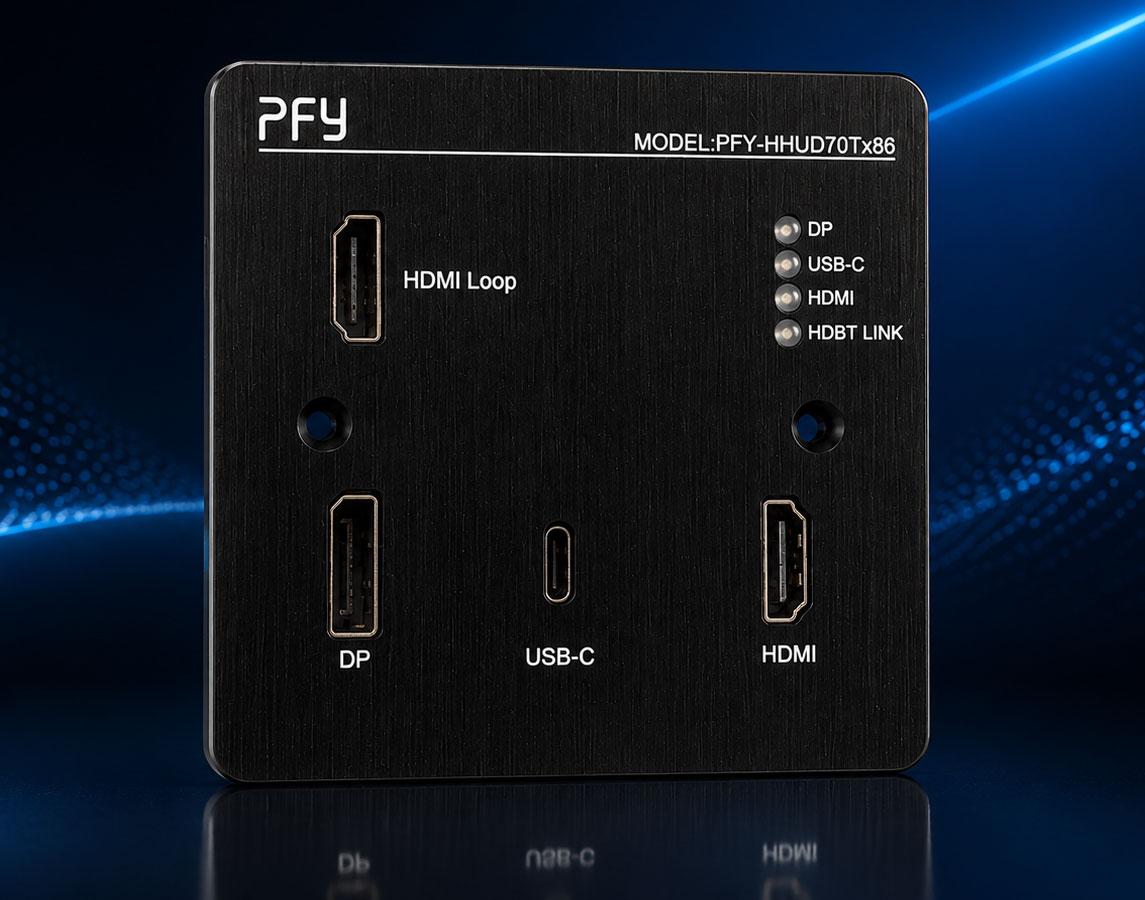 Pilotfly PFYHHUD70Tx86 wallmounted transmitter provides HDMI USBC and DisplayPort connectivity