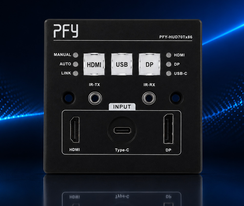 Pilotfly PFYHUD70Tx86 wallmounted transmitter provides HDMI USBC and DisplayPort connectivity
