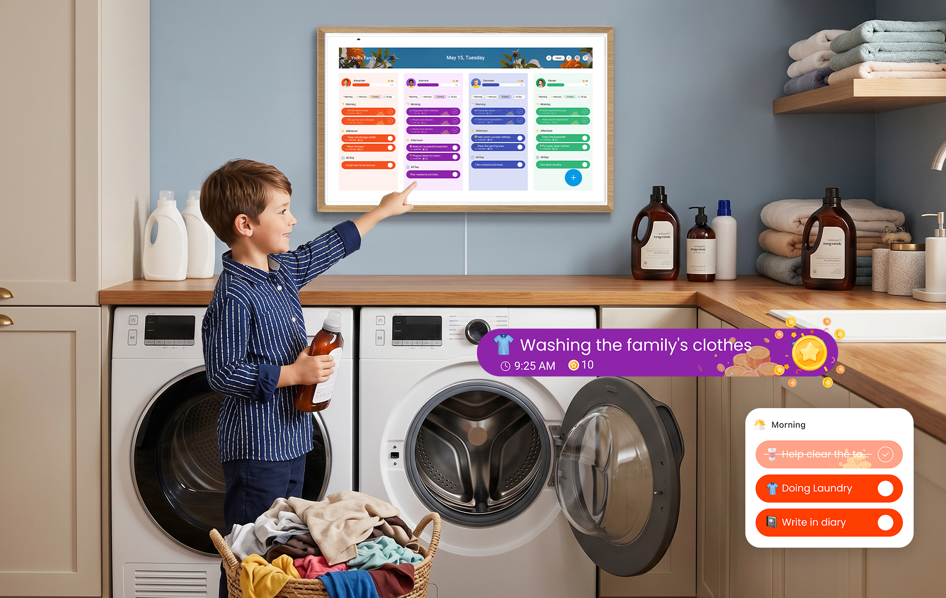 Child completes a laundry routine and earns points on an Apolosign digital calendar Child completes a laundry routine and earns points on an Apolosign digital calendar