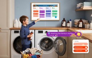 Child completes a laundry routine and earns points on an Apolosign digital calendar.