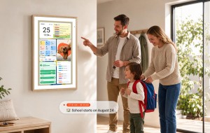 Family reviews back-to-school plans on a wall-mounted Apolosign digital calendar.
