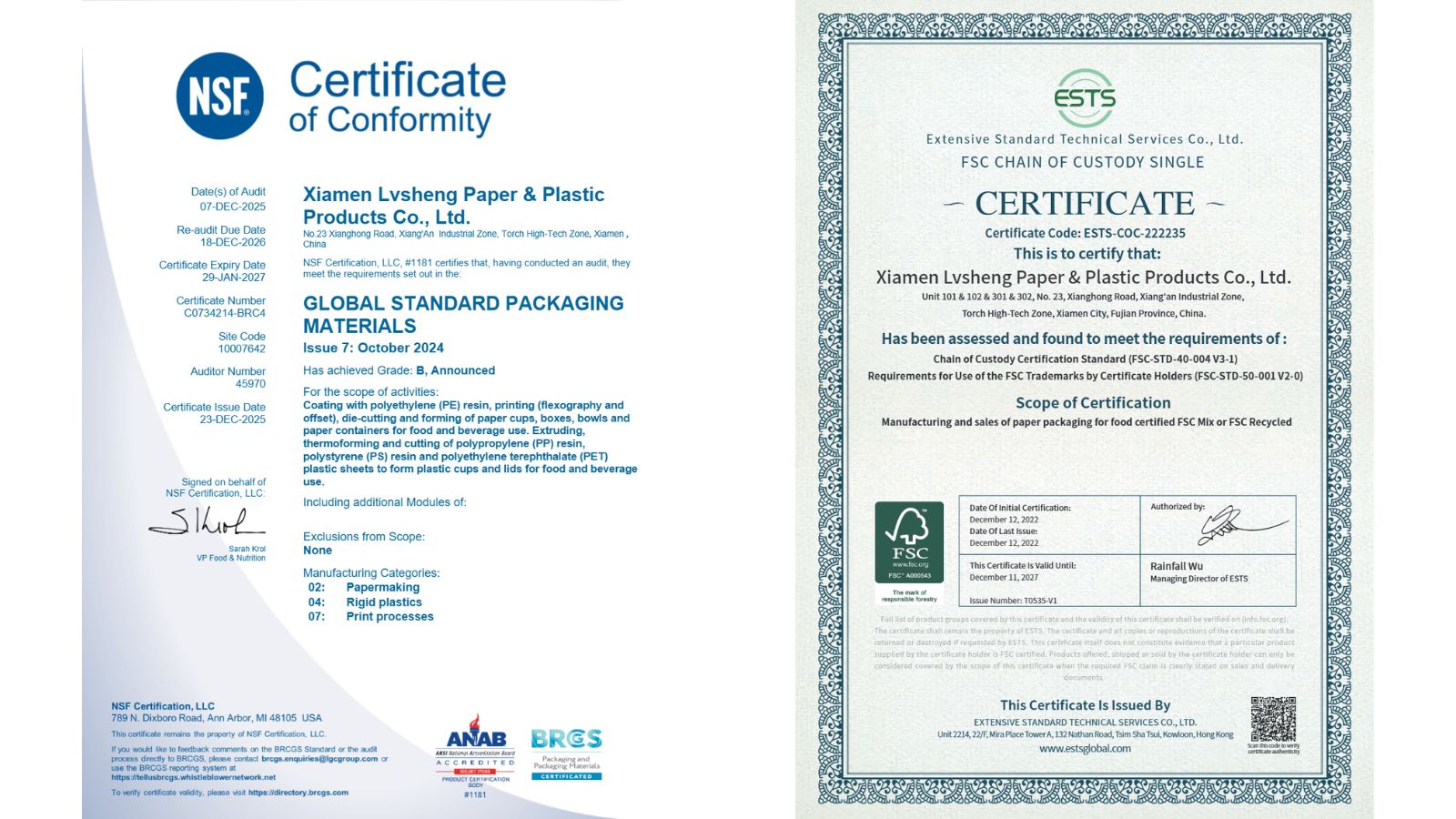 Lvsheng FCS and BRC Certification